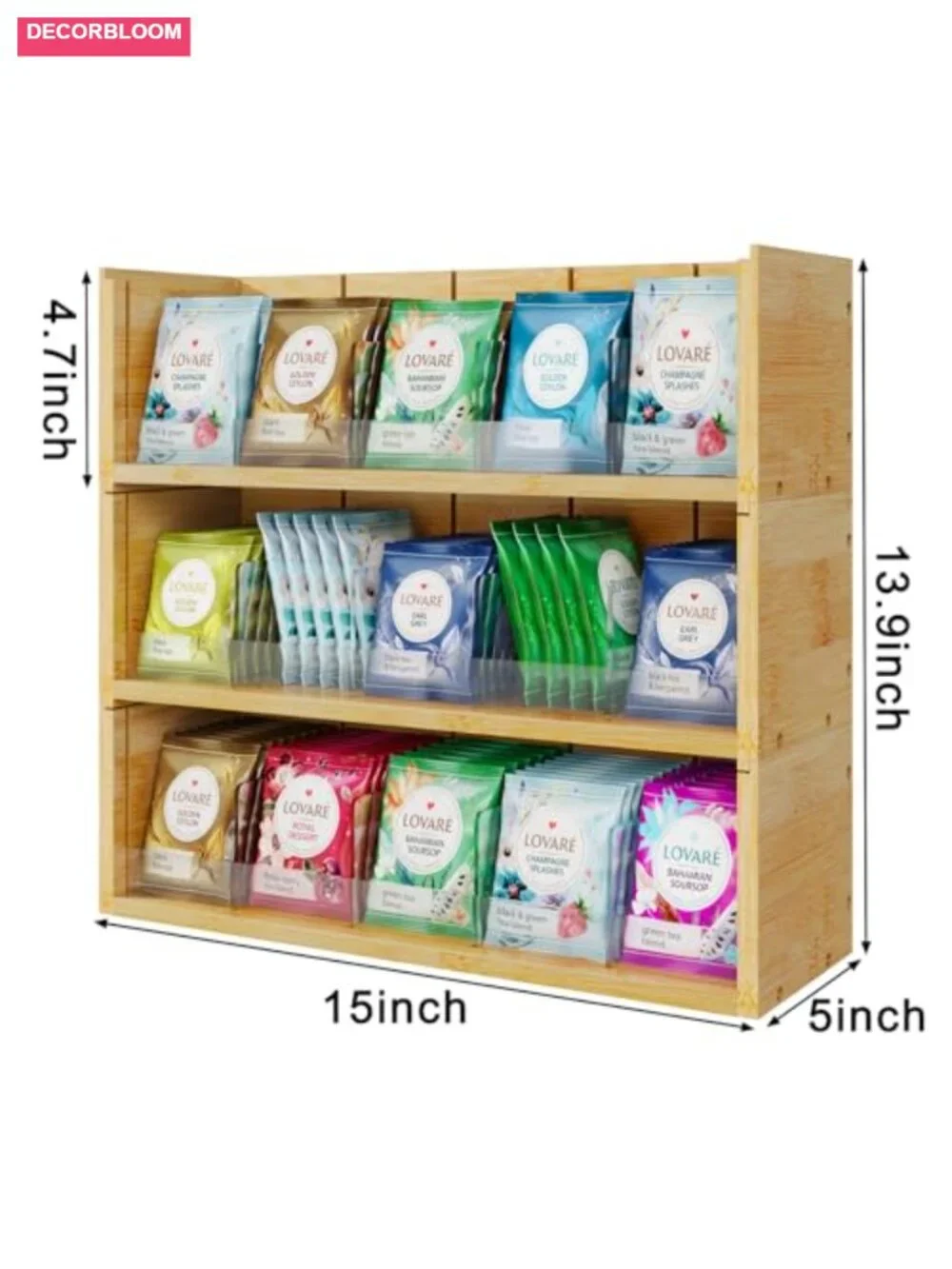 3-Tier Bamboo Tea Bag Organizer Storage Box, Stackable, Wall Mount